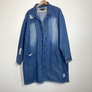 Long Denim Chore Jacket Taxi  3X Blue Distressed Longline Button Front Jean Coat